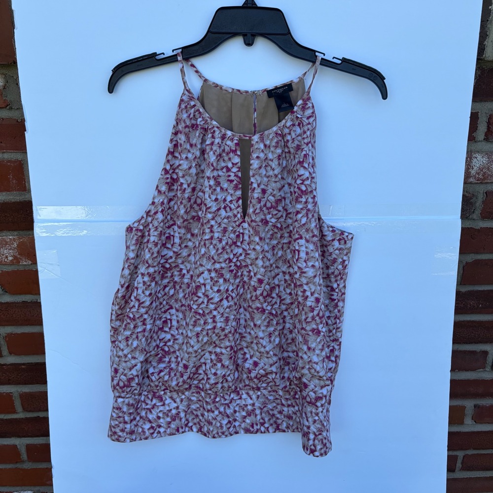 Ann Taylor Halter Neck Blouse Magenta Abstract Print Keyhole Top Size L‎ 70225